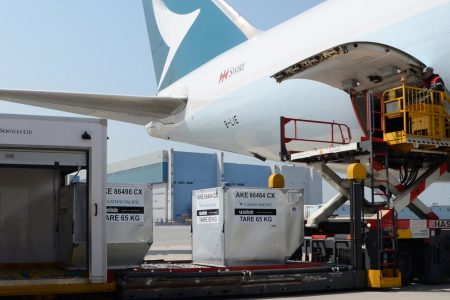 ULD beneath Cathay Cargo aircraft prior to loading