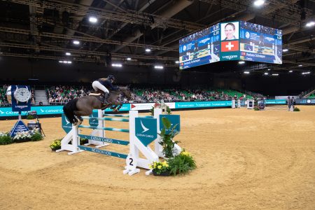 A horse jumps over a fence with Cathay Cargo branding at a showjumping event